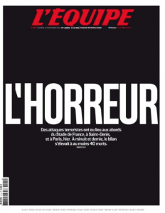 "Newspaper cover about the 2015 November 13th terrorist attack in Paris"