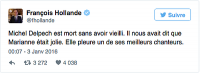"Tweet of François Holland about the death of Michel Delpech ; Marianne, a French symbol"